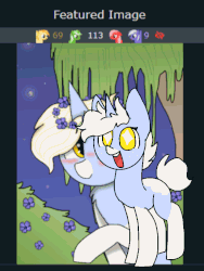 Size: 630x840 | Tagged: safe, artist:nootaz, oc, oc only, oc:nootaz, pony, unicorn, derpibooru, :t, animated, blinking, blushing, eyes closed, female, flower, happy, jumping, mare, meta, no pupils, open mouth, periwinkle (flower), smiling, solo