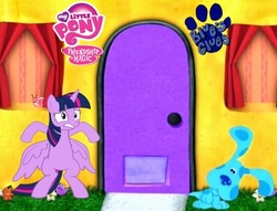 Size: 568x435 | Tagged: safe, twilight sparkle, alicorn, dog, pony, snail, g4, bipedal, blue (blue's clues), blue's clues, crossover, flower, house, logo, my little pony logo, paw print, scared, snail (blue's clues), twilight sparkle (alicorn), window