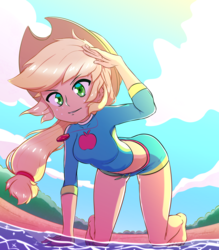 Size: 3500x4000 | Tagged: safe, artist:rockset, applejack, equestria girls, equestria girls specials, g4, my little pony equestria girls: better together, my little pony equestria girls: forgotten friendship, beach, clothes, cowboy hat, cute, female, freckles, geode of super strength, hat, jackabetes, kneeling, looking at you, pendant, smiling, solo, sun, swimsuit