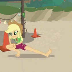 Size: 368x368 | Tagged: safe, edit, screencap, applejack, equestria girls, g4, my little pony equestria girls: better together, turf war, animated, barefoot, beach, clothes, cropped, dschinghis khan, dschingis khan, exercise, feet, female, geode of super strength, german, legs, magical geodes, moskau, sand, shorts, solo, sound, stretching, traffic cone, webm
