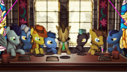 Size: 3840x2160 | Tagged: safe, artist:dj-chopin, blues, braeburn, caramel, doctor whooves, night light, noteworthy, pokey pierce, soarin', thunderlane, time turner, earth pony, pegasus, pony, unicorn, g4, 3d, fine art parody, high res, male, source filmmaker, stallion, the last supper