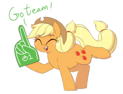Size: 2600x2000 | Tagged: safe, artist:notenoughapples, applejack, earth pony, pony, g4, cowboy hat, eyes closed, female, foam finger, hat, high res, hoof hold, mare, simple background, smiling, solo, transparent background