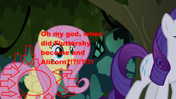 Size: 1280x720 | Tagged: safe, fluttershy, rarity, pony, g4, arrow, background pony, critical research failure, grammar error, image macro, insane troll logic, meme, op is a duck, op is trying to start shit, race swap, red circle, solo focus, stupid, wat, wings