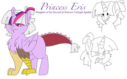 Size: 800x500 | Tagged: safe, artist:zee-stitch, oc, oc only, oc:princess eris, hybrid, chest fluff, female, interspecies offspring, offspring, parent:discord, parent:twilight sparkle, parents:discolight, simple background, snaggletooth, solo, white background