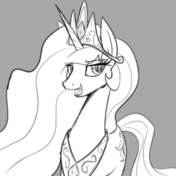 Size: 800x800 | Tagged: safe, artist:casualcolt, princess celestia, alicorn, pony, g4, female, gray background, grayscale, jewelry, looking at you, mare, monochrome, open mouth, regalia, simple background, sketch, solo