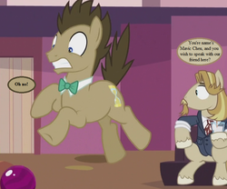 Size: 768x640 | Tagged: safe, edit, edited screencap, editor:korora, screencap, doctor whooves, jeff letrotski, time turner, g4, slice of life (episode), alarmed, bowling alley, bowling ball, clothes, cropped, doctor who, implied human, speech bubble, suit, text, the daleks' master plan, uh oh