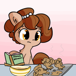 Size: 1650x1650 | Tagged: safe, artist:tjpones, oc, oc only, oc:brownie bun, earth pony, pony, baking, book, brownie, cooking, female, food, funny, gradient background, jewelry, mare, pun, solo, this will end in burnt brownies, this will end in fire, xk-class end-of-the-kitchen scenario