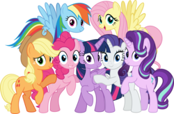 Size: 5512x3612 | Tagged: safe, artist:jhayarr23, applejack, fluttershy, pinkie pie, rainbow dash, rarity, starlight glimmer, twilight sparkle, alicorn, earth pony, pegasus, pony, unicorn, the mean 6, alternate mane seven, applejack's hat, bipedal, c:, cowboy hat, cute, cutie mark, female, flying, grin, hat, hug, lidded eyes, looking at you, mane six, mare, open mouth, raised hoof, simple background, smiling, spread wings, transparent background, twilight sparkle (alicorn), vector, wide eyes, wings