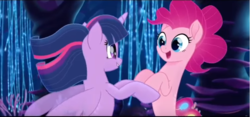 Size: 771x362 | Tagged: safe, screencap, pinkie pie, twilight sparkle, alicorn, earth pony, pony, seapony (g4), g4, my little pony: the movie, cropped, cute, diapinkes, dorsal fin, female, fin, fin wings, fins, fish tail, flowing mane, flowing tail, holding hooves, horn, looking at each other, looking at someone, mare, ocean, open mouth, open smile, scales, seaponified, seapony pinkie pie, seapony twilight, seaquestria, smiling, smiling at each other, species swap, swimming, tail, that pony sure does love being a seapony, twiabetes, twilight sparkle (alicorn), underwater, water, wings