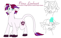 Size: 800x500 | Tagged: safe, artist:zee-stitch, oc, oc only, oc:prince lionheart, classical unicorn, pony, unicorn, cloven hooves, floppy ears, glowing horn, horn, leonine tail, magical lesbian spawn, male, offspring, parent:tempest shadow, parent:twilight sparkle, parents:tempestlight, simple background, solo, stallion, unshorn fetlocks, white background