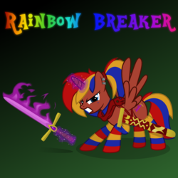 Size: 1080x1080 | Tagged: safe, artist:tacobender, oc, oc only, oc:rainbow breaker, alicorn, pegasus, pony, unicorn, alicorn oc, brown coat, clothes, coat markings, commission, female, fire, flaming sword, green background, mare, piercing, pigtails, princess, purple magic, rainbow, simple background, socks, socks (coat markings), solo, sword, vector, weapon