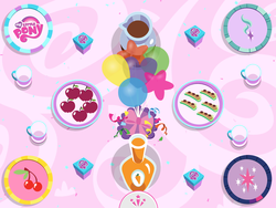 Size: 2048x1536 | Tagged: safe, screencap, cherry berry, starlight glimmer, twilight sparkle, g4, my little pony friendship celebration cutie mark magic, apple, balloon, carrot juice, chocolate, cutie mark, food, hot chocolate, my little pony logo