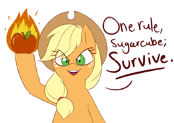 Size: 1979x1403 | Tagged: safe, artist:notenoughapples, applejack, earth pony, pony, g4, apple, appleball, burning, cowboy hat, dialogue, female, fire, food, hat, looking at you, simple background, smiling, solo, some mares just want to watch the world burn, stetson, transparent background