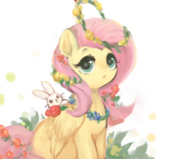 Size: 654x596 | Tagged: safe, artist:kei05, angel bunny, fluttershy, pegasus, pony, g4, female, floral head wreath, flower, flower in hair, looking at you, mare