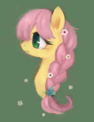 Size: 394x509 | Tagged: safe, artist:kei05, fluttershy, pegasus, pony, g4, alternate hairstyle, female, flower, flower in hair, mare, simple background, solo