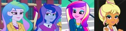 Size: 3008x760 | Tagged: safe, screencap, chestnut magnifico, dean cadance, princess cadance, princess celestia, princess luna, principal celestia, vice principal luna, equestria girls, g4, flirting