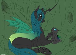 Size: 1280x914 | Tagged: safe, artist:backlash91, queen chrysalis, changeling, changeling queen, nymph, g4, cave, cheer up, child, couple, cuteling, female, hive, looking at each other, mommy chrissy, sitting, underhoof