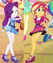 Size: 722x856 | Tagged: safe, artist:charliexe, rarity, sunset shimmer, equestria girls, g4, my little pony equestria girls: friendship games, bracelet, clothes, cropped, cute, duo, duo female, female, flirting, high heels, jewelry, legs, miniskirt, one eye closed, schrödinger's pantsu, sexy, shoes, show accurate, skirt, wink