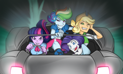 Size: 3000x1800 | Tagged: safe, artist:riddleaellinea, applejack, rainbow dash, rarity, twilight sparkle, equestria girls, g4, a clockwork orange, car, commission, crossover, driving, female, smiling