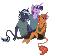 Size: 2600x2500 | Tagged: safe, artist:shimazun, twilight sparkle, oc, oc:interstellar, oc:solstice, alicorn, anthro, unguligrade anthro, g4, belt, clothes, family, female, high res, leonine tail, male, mother and daughter, mother and son, offspring, parent:sunburst, parent:twilight sparkle, parents:twiburst, realistic horse legs, shirt, shorts, simple background, sitting, t-shirt, tank top, transparent background, trio, twilight sparkle (alicorn)