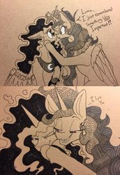 Size: 1280x1864 | Tagged: safe, artist:greyscaleart, princess celestia, princess luna, alicorn, pony, boop, constellation, constellation freckles, cute, cutelestia, dialogue, duo, female, freckles, lunabetes, mare, monochrome, partial color, royal sisters, sibling love, siblings, sisterly love, sisters, sweet dreams fuel, traditional art, weapons-grade cute