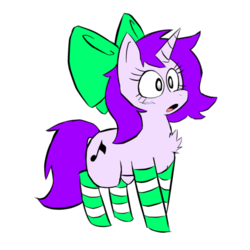 Size: 538x538 | Tagged: safe, artist:doodlegamertj, oc, oc only, oc:mable syrup, pony, unicorn, blind, bow, chest fluff, clothes, simple background, socks, solo, striped socks, white background