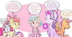 Size: 1300x678 | Tagged: safe, artist:brother-lionheart, apple bloom, cozy glow, scootaloo, starlight glimmer, sweetie belle, earth pony, pegasus, pony, unicorn, marks for effort, bow, coffee mug, comic, cutie mark, cutie mark crusaders, empathy cocoa, evil, female, filly, foal, food, glowing horn, hallucination, high, high as fuck, i mean i see, magic, magic aura, mare, mug, one eye closed, orange, pure concentrated unfiltered evil of the utmost potency, pure unfiltered evil, quintet, scared, scootachicken, shrooms, sith, sithlight glimmer, slice of life, speech bubble, star wars, telekinesis, the cmc's cutie marks, wink