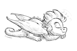 Size: 600x400 | Tagged: safe, artist:shimazun, spike, dragon, g4, eyes closed, grayscale, male, monochrome, prone, simple background, sleeping, solo, white background, winged spike, wings, zzz