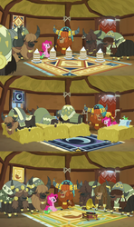 Size: 1280x2160 | Tagged: safe, screencap, gummy, pinkie pie, prince rutherford, yohimbine, yvette, earth pony, pony, yak, g4, not asking for trouble, bed, cake, carpet, comparison, eating hut, female, food, hay, hay bed, hut, male, mare, music hut, similarities, sitting, sleeping hut, smiling, textiles, unnamed character, unnamed yak, yakyakistan