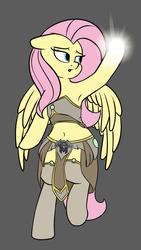 Size: 1823x3240 | Tagged: safe, artist:andelai, fluttershy, pegasus, pony, g4, armpits, belly button, clothes, female, mare, midriff, simple background, solo, warcraft, world of warcraft