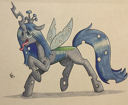 Size: 1024x835 | Tagged: dead source, safe, artist:hypno, queen chrysalis, changeling, changeling queen, g4, female, marker drawing, raised hoof, solo, tongue out, traditional art