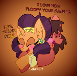 Size: 780x768 | Tagged: safe, artist:snakeythingy, saffron masala, oc, oc:sketchy dupe, g4, blushing, canon x oc, dialogue, gradient background, hug, sketchffron, snuggling, story included