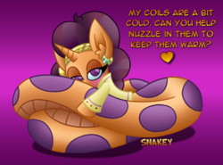 Size: 1040x768 | Tagged: safe, artist:snakeythingy, saffron masala, lamia, original species, snake pony, g4, blushing, dialogue, female, gradient background, heart, hugs needed, lamiafied, looking at you, solo, species swap