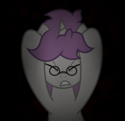 Size: 680x657 | Tagged: safe, artist:darkstorm619, derpibooru exclusive, oc, oc only, oc:snappy edit, pony, unicorn, black background, dark background, darkness, female, glasses, gritted teeth, holding head, pain, simple background, solo