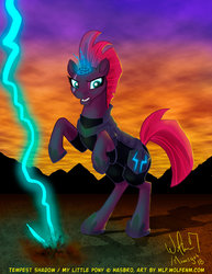 Size: 1024x1325 | Tagged: safe, artist:wolfenm, tempest shadow, pony, unicorn, g4, my little pony: the movie, armor, broken horn, cloud, cloudy, eye scar, female, frown, glowing horn, horn, lightning, magic, mare, open mouth, rearing, scar, solo, sparking horn