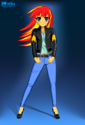 Size: 1024x1507 | Tagged: safe, artist:uliks-uliks, sunset shimmer, twilight sparkle, human, equestria girls, g4, anime, clothes, female, high heels, humanized, lesbian, looking at you, manga, ship:sunsetsparkle, shipping, shoes, simple background, solo, sunset, vector