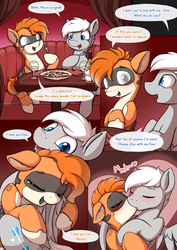Size: 1060x1500 | Tagged: safe, artist:theparagon, oc, oc:kiva, oc:snowy, pony, robot, robot pony, alcohol, blushing, crying, eyes closed, female, food, fork, glass, hug, kissing, looking at each other, love, male, oc x oc, pasta, shipping, sitting, smiling, snowva, straight, table, tears of joy, wine, wine glass