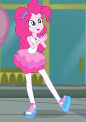Size: 445x630 | Tagged: safe, screencap, pinkie pie, equestria girls, equestria girls series, g4, super squad goals, clothes, cropped, cute, female, geode of sugar bombs, pantyhose, rah rah skirt, sandals, shoes, skirt, smiling, solo