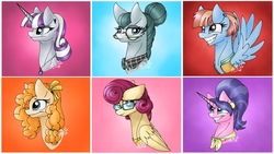 Size: 1267x715 | Tagged: safe, artist:melonseed11, cloudy quartz, cookie crumbles, pear butter, posey shy, twilight velvet, windy whistles, earth pony, pegasus, pony, unicorn, g4, bust, female, floppy ears, folded wings, glasses, horn, mare, mom six, portrait, spread wings, wings, wings down
