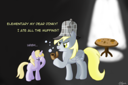 Size: 1280x853 | Tagged: safe, artist:ailynd, derpy hooves, dinky hooves, pony, ask pun, g4, ask, bubble pipe, deerstalker, detective, equestria's best daughter, equestria's best mother, facehoof, female, hat, like mother like daughter, like parent like child, mother and daughter, sherlock holmes, this will end in colic