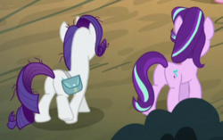 Size: 430x270 | Tagged: safe, screencap, rarity, starlight glimmer, pony, unicorn, g4, the mean 6, back of head, butt, cropped, female, glimmer glutes, mare, plot, plot pair, rearity