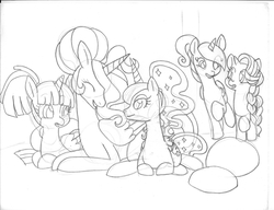 Size: 3302x2541 | Tagged: safe, artist:zeldink144, princess cadance, princess celestia, princess luna, starlight glimmer, twilight sparkle, alicorn, pony, unicorn, g4, alternate hairstyle, high res, monochrome, traditional art, twilight sparkle (alicorn)