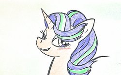Size: 1571x974 | Tagged: safe, artist:hihin1993, starlight glimmer, pony, unicorn, g4, blushing, female, grin, smiling, solo, traditional art