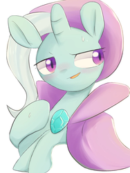 Size: 768x1024 | Tagged: safe, artist:91o42, trixie, pony, unicorn, g4, blushing, bust, cape, clothes, female, hat, looking away, mare, simple background, smiling, solo, sweat, trixie's cape, trixie's hat, white background, wizard hat