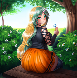 Size: 1200x1213 | Tagged: safe, artist:racoonsan, oc, oc only, oc:astraea, human, beautiful, bench, bush, clothes, cute, female, horn, horned humanization, humanized, large butt, looking at you, looking back, looking back at you, moe, skirt, socks, solo, thigh highs, thighs, tree, zettai ryouiki
