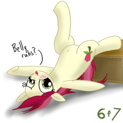 Size: 800x800 | Tagged: safe, artist:sixes&sevens, derpibooru exclusive, roseluck, earth pony, pony, g4, belly button, bellyrubs, box, female, on back, silly, silly pony, solo