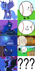 Size: 3000x6000 | Tagged: safe, artist:ilovethetalkingclock, edit, edited screencap, screencap, nightmare moon, princess luna, friendship is magic, g4, luna eclipsed, princess twilight sparkle (episode), spoiler:inanimate insanity, baseball (inanimate insanity), comparison, fridge horror, glare, inanimate insanity, lunaball, op has a point, s1 luna, spoilers for another series, suitcase (inanimate insanity)