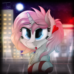 Size: 2400x2400 | Tagged: safe, artist:thefunnysmile, oc, oc only, oc:doctor heart, pony, blurry, bust, chest fluff, city, clothes, doctor, fluffy, heart, high res, hospital, lens flare, medic, night, portrait, socks, solo, striped socks, tongue out