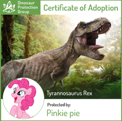 Size: 898x892 | Tagged: safe, pinkie pie, dinosaur, tyrannosaurus rex, g4, certificate, dinosaur protection group, jurassic world, jurassic world: fallen kingdom, open mouth, pinkiesaurous rex, rexy, this will end in death, this will end in tears and/or death