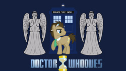 Size: 2120x1192 | Tagged: safe, artist:dachosta, artist:theseventhstorm, edit, doctor whooves, time turner, g4, crossover, doctor who, sonic screwdriver, statue, tardis, the doctor, wallpaper, weeping angel